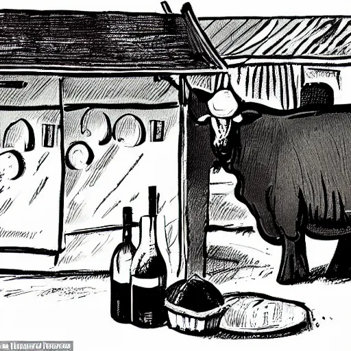 Image similar to a cow steals wine from a market stall. one of the bottles breaks spilling its contents on the street. a guard is going after the cow