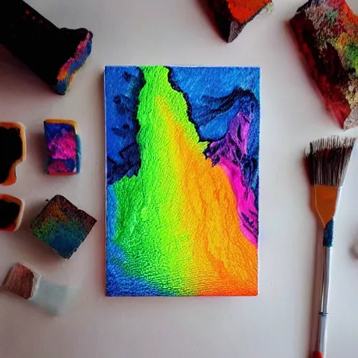 Image similar to the surreal flat painting of an image of a montain dripping rainbow lava artistic by yasemin karabenli