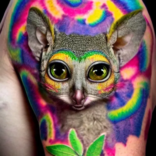 Image similar to shoulder tattoo of a multicolored trippy bushbaby with rainbow colored spiral eyes, long fur in rainbow colors, surrounded with colorful leaves and flowers, insanely integrate