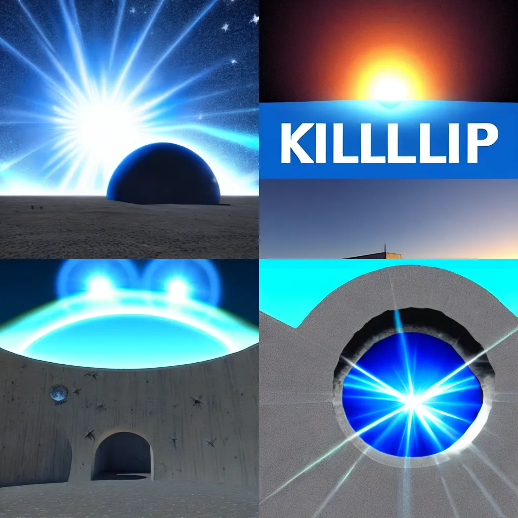 Prompt: Blue Text that says 3kliksphilp, with a picture of a concrete building in a martin crater, with a star in the sky with creating lens flare, CGI