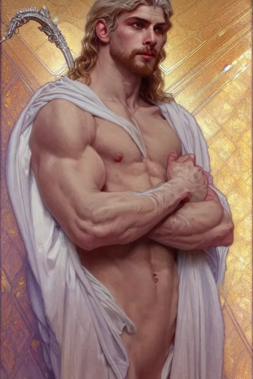 Prompt: painted portrait of god of the universe, divine god, white hair, muscular, invincible, beautiful, upper body, white robe, fantasy, intricate, elegant, highly detailed, digital painting, artstation, concept art, smooth, sharp focus, illustration, art by gaston bussiere and alphonse mucha