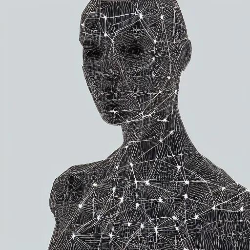 Prompt: Closeup portrait of a person constructed from circuitry, wireframe, digital concept art, dark background