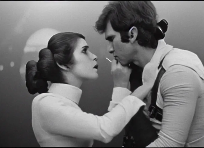 Image similar to screenshot of Han Solo dressed up as an imperial officer kissing Princess Leia Organa, iconic scene from 1970s thriller film directed by Stanley Kubrick, in a sci-fi shipping port, last jedi, 4k HD, cinematic lighting, beautiful portraits of Harrison Ford and Carrie Fischer, moody, stunning cinematography, anamorphic lenses, kodak color film stock