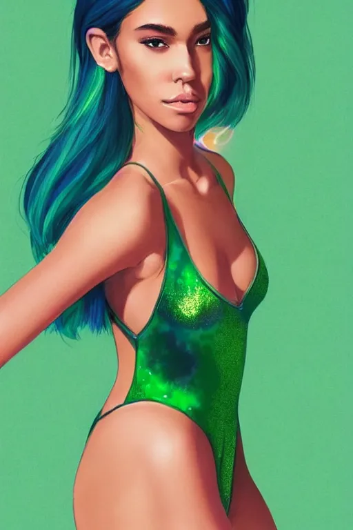 Prompt: beautiful elegant full body portrait of madison beer with rainbow hair wearing a sparkling green color one piece swimsuit, pixie haircut wlop, artgerm, artstation, backlit, dark marble background