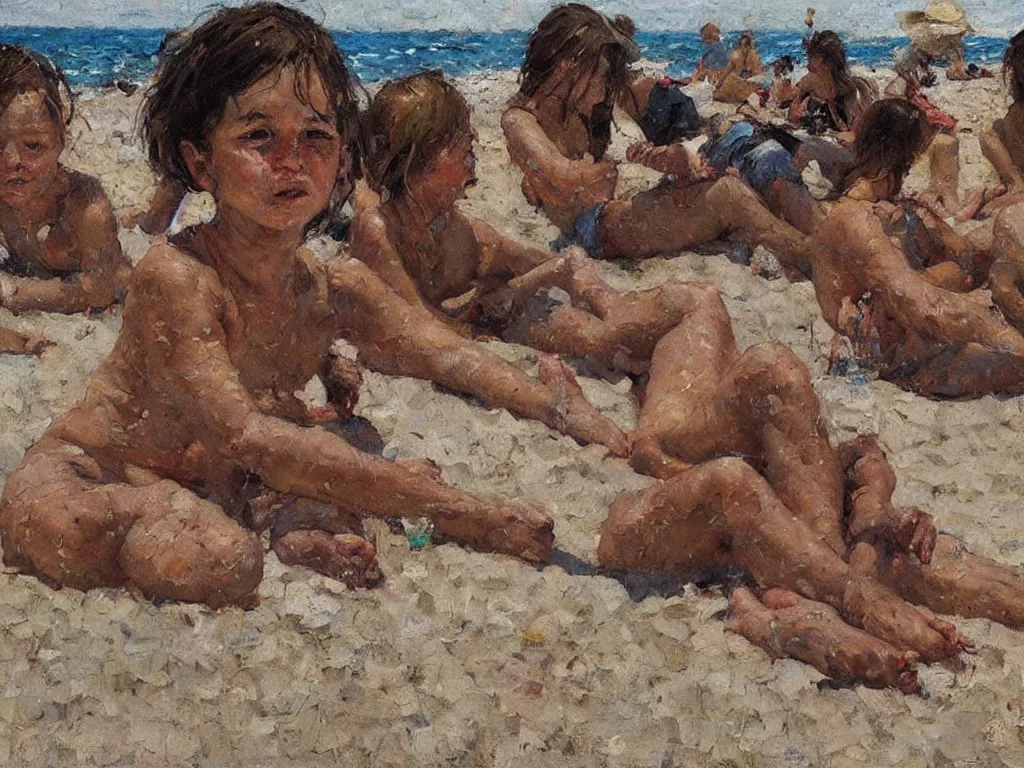 Image similar to on the beach, close up, heatwave, denis sarazhin, oil on canvas