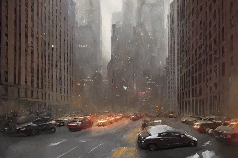 Image similar to beautiful matte painting of boy looking from his window on traffic jam on the streets of neo new york by greg rutkowski