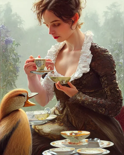 Image similar to Portrait of Anya Anasova & a mallard & a pig having tea at the Ritz, real life skin, intricate, elegant, highly detailed, artstation, concept art, smooth, sharp focus, art by artgerm and greg rutkowski and alphonse mucha