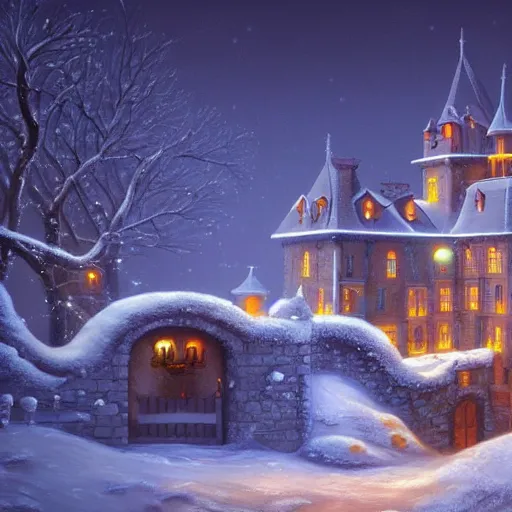 Prompt: luxury castle ,inspired by Evgeny Lushpin,winter,nighttime,cinematic,art station