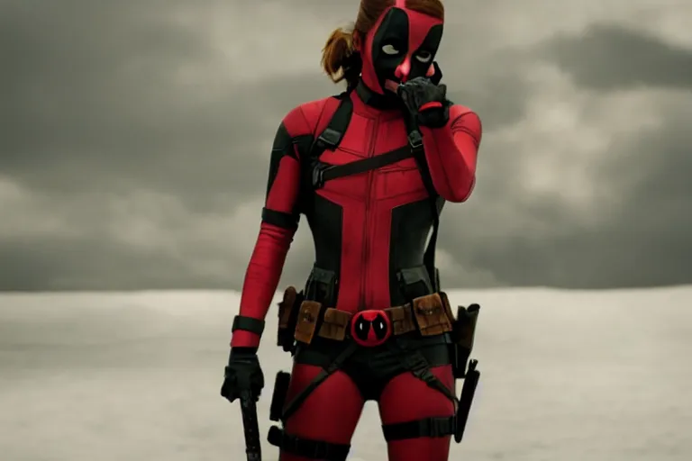 Prompt: emma watson as lady deadpool, cinematic lighting, movie still