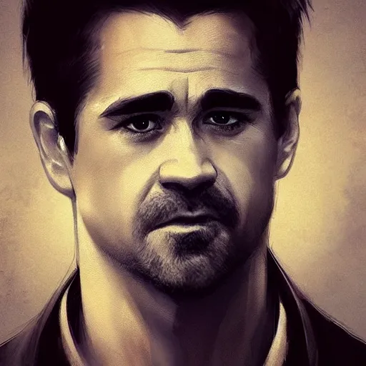 Image similar to “Portrait of Colin Farrell by Greg Rutkowski, young, attractive, highly detailed portrait, scifi, digital painting, artstation, concept art, smooth, sharp foccus ilustration, Artstation HQ”