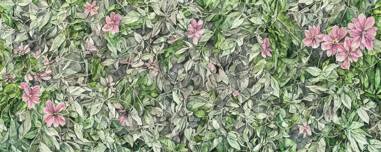 Image similar to drone view, delicate marble in a botanic garden, stony road, on a botanical herbarium paper, watercolor colored painting, iridescent colors, 8 k, realistic shaded, fine details, artstation, italian style, colonnade, vines, flowers, gardena architecture, pompeii