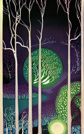 Prompt: an enchanted forest by Kay Nielsen and Eyvind Earle