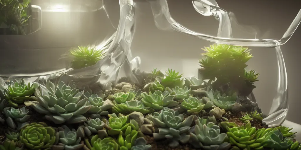 Prompt: hydroponic succulent plant, terrarium photograph, a pipe flowing with milky liquid, central composition, fluid, ultra clear material, volumetric light, lightrays, cinematic, atmospheric, 3 d concept art, octane render, beautiful, cinematic lighting, intricate details.