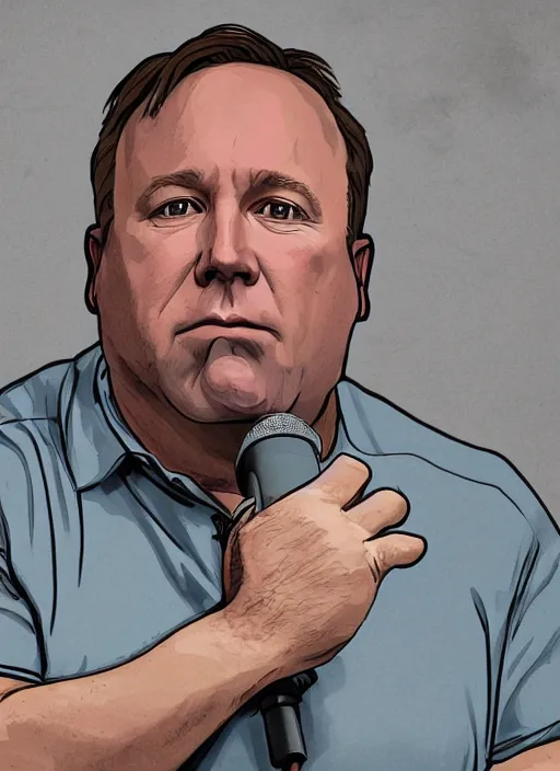 Image similar to sad alex jones surrounded in a dark murky room, highdetailed illustration