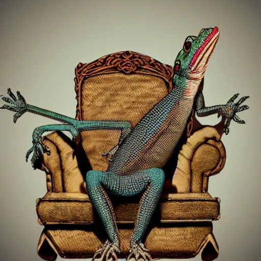 Prompt: anthropomorphic lizard sitting on a throne