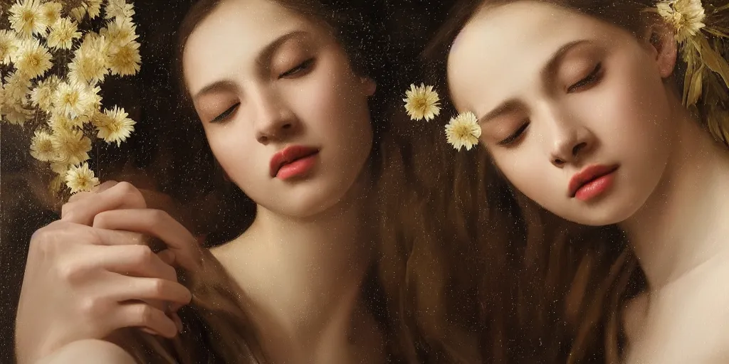 Prompt: beautiful oil matte portrait painting, women rained on by flower petals, wonderful masterpiece highly detailed, beautiful cinematic light deep focus, elegant, digital painting, smooth, sharp focus, golden ratio, dramatic illumination, ultra realistic, 8 k, art by artemisia lomi gentileschi and caravaggio