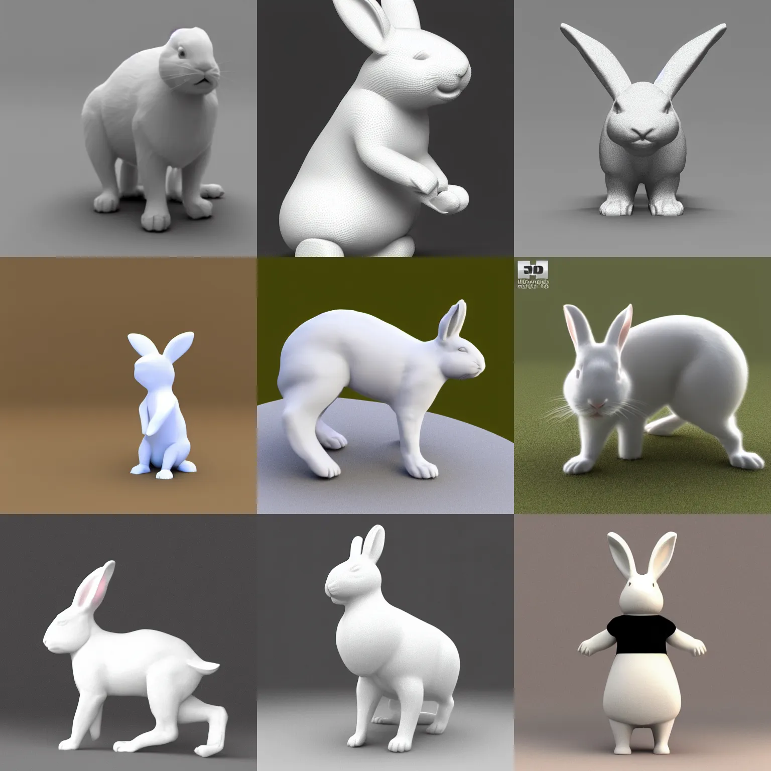 Prompt: clean 3 d model of a pure white rabbit standing on its hind legs, pure black emptybackground, 9 0 degrees horizontal view angle