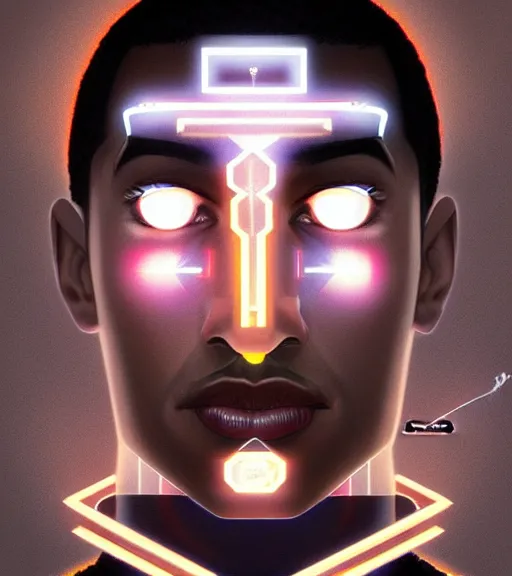 Image similar to symmetry!! egyptian prince of technology, solid cube of light, hard edges, product render retro - futuristic poster scifi, lasers and neon circuits, brown skin man egyptian prince, intricate, elegant, highly detailed, digital painting, artstation, concept art, smooth, sharp focus, illustration, dreamlike, art by artgerm