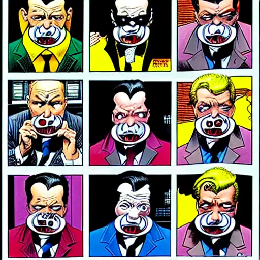 Image similar to drawing of 1 4 tiny jokers all in the mouth of gotham city's finest investigative reporter jack ryder, 4 k art by brian bolland, graphic novel art