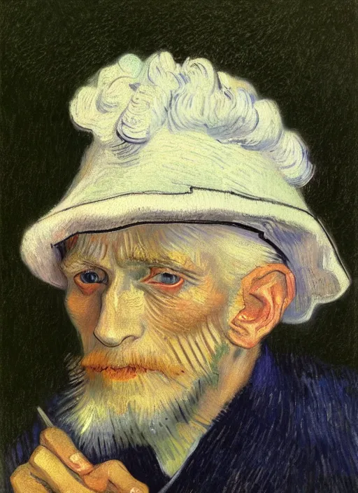 Image similar to portrait of a very old sailor with white hair and hat, asleep, detailed realism face in painting, detailed beautiful portrait, expressionist oil painting masterpiece, 8 k resolution, smooth, sharp focus, pastel color palette, trending on artstation, by van gogh