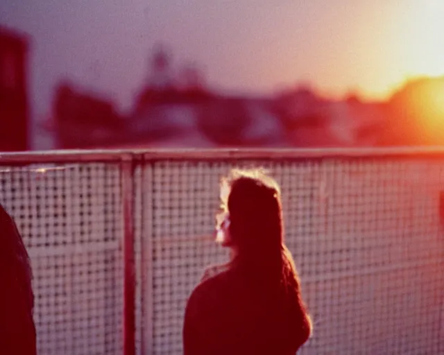 Image similar to lomo photo of pair standing on small hrushevka balcony full with cigarette smoke in small russian town looking at sunset, cinestill, bokeh