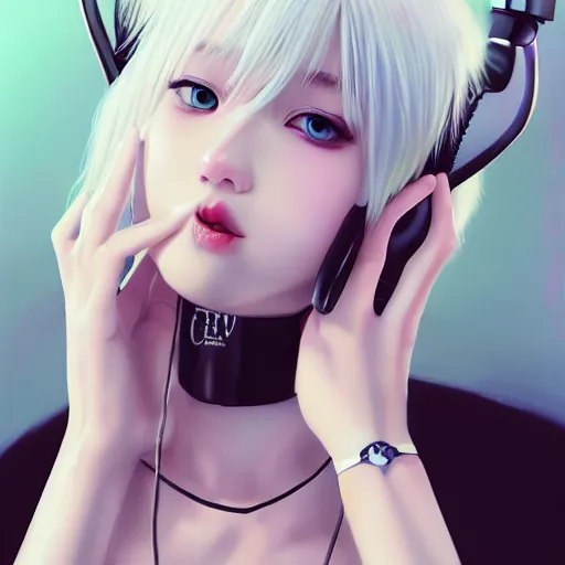 Image similar to realistic teasing detailed semirealism beautiful gorgeous cute Blackpink Lalisa Manoban white hair white cat ears blue eyes, wearing black camisole outfit, headphones, black leather choker full HD 4K high resolution quality WLOP, Aztodio, Taejune Kim, Guweiz, Pixiv, Instagram, Artstation