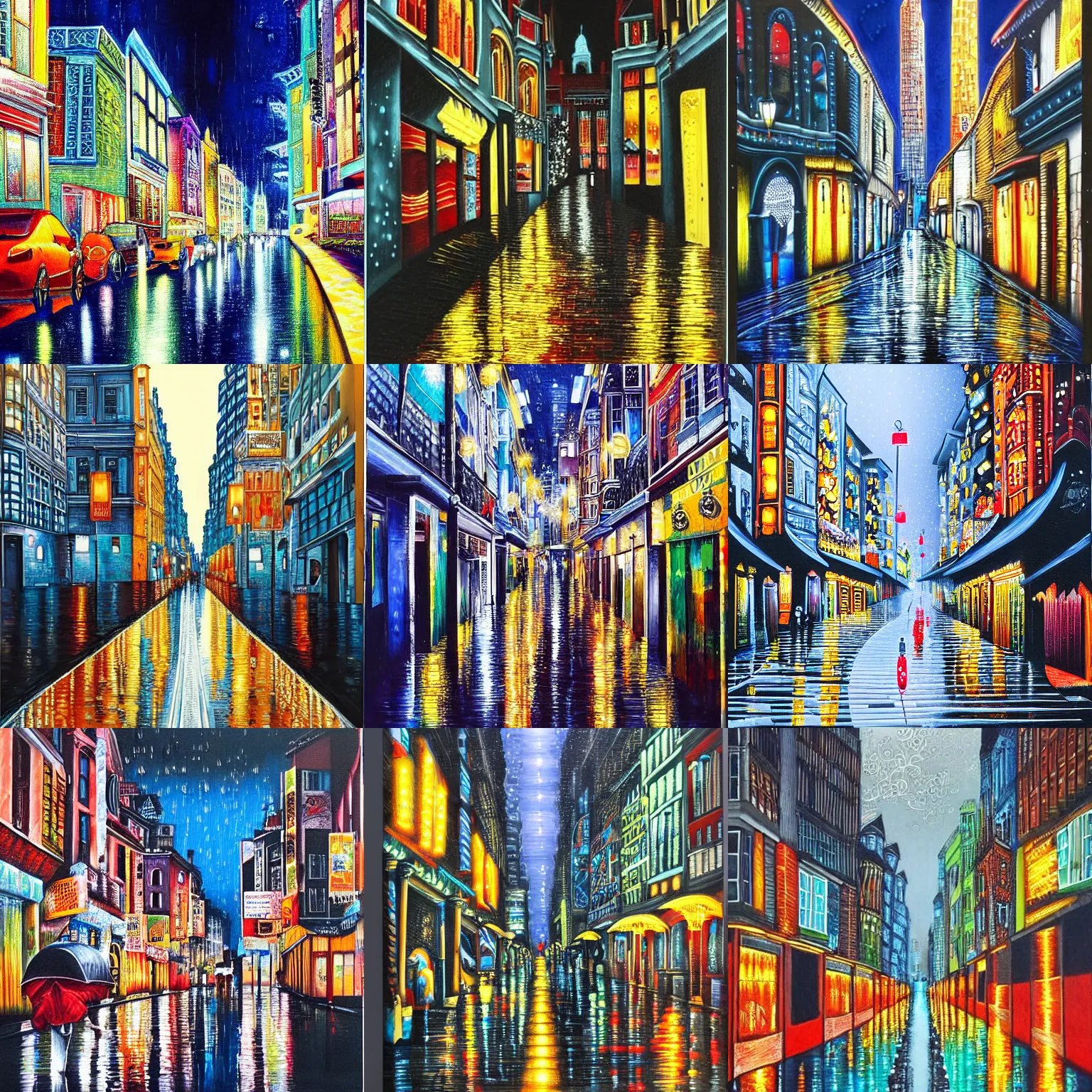 Image similar to brightly illuminated city street on a rainy day, acrylic and silver leaf on canvas, very beautiful, extremely detailed, stunning masterpiece by a very talented artist