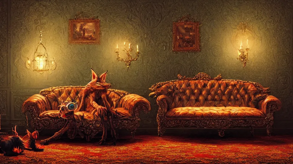 Prompt: a goblin sitting on an ornate victorian couch made out of fox fur, intricate, detailed, volumetric lighting, sharp focus, photorealism, digital painting, highly detailed, concept art, by roger dean and simon stalenhag and mark brooks