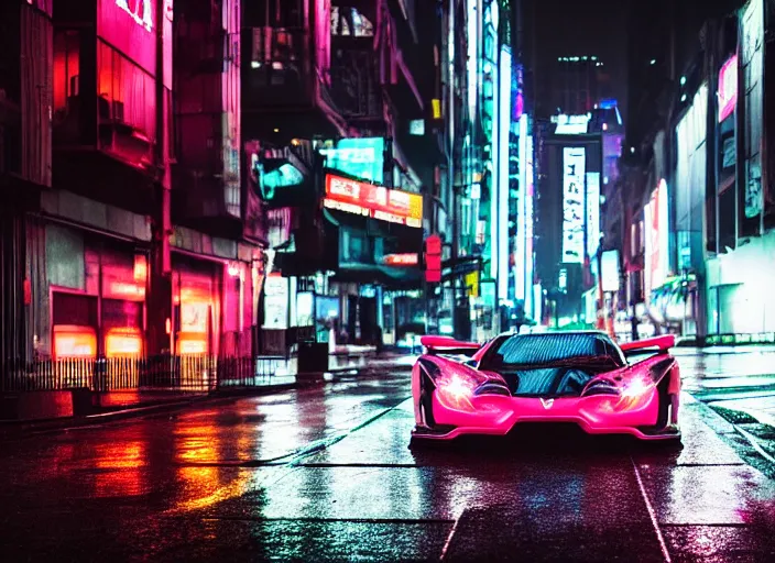 Image similar to a neon hypercar in the dark and rainy city street by Liam Wong