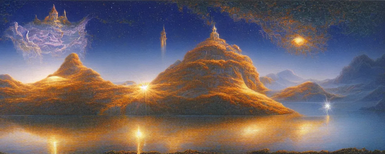 Image similar to a visionary art painting by gilbert williams of a sparkling floating island realm