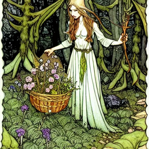 Prompt: Elven Herbalist collecting flowers in the forest. Absurdly-detailed fantasy character illustration by Rebecca Guay and Wayne Reynolds