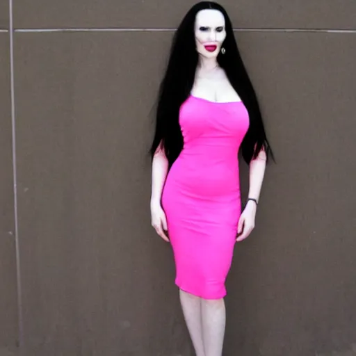 Image similar to morticia adams wearing a pink dress