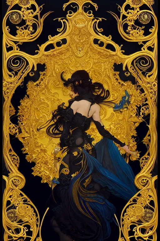 Prompt: beautiful black blue yellow, complicated gold the baroque style decoration, dark fantasy, intricate, elegant, highly detailed, digital painting, artstation, concept art, matte, 3 d 8 k octane rendered, sharp focus, illustration, octane rendered, art by artgerm and alphonse mucha, leesha hannigan