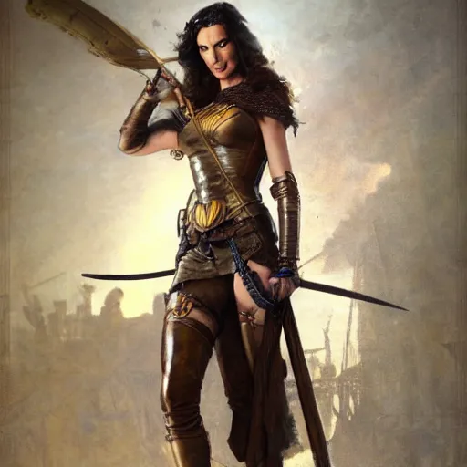 Image similar to highly detailed steampunk gal gadot standing, cape, staff : leonardo da vinci, greg rutkowski, magali villeneuve