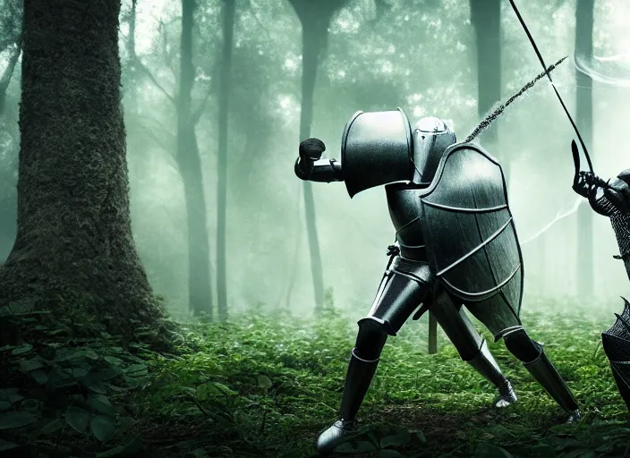 Prompt: knight fights off a giant white spider in a forest. highly detailed 8 k. intricate. lifelike. soft light. fantasy horror style. cinematic post - processing