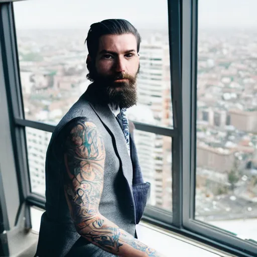 Prompt: a photo portrait of a hipster creative executive, thin but muscular, tattoos peeking, short beard, sitting in director's chair in maximalist office, speaking to camera on a tripod, wearing a custom suit and custom jordan shoes, supreme brand colabs everywhere, skyscraper view out the window, in the style of stonepunk