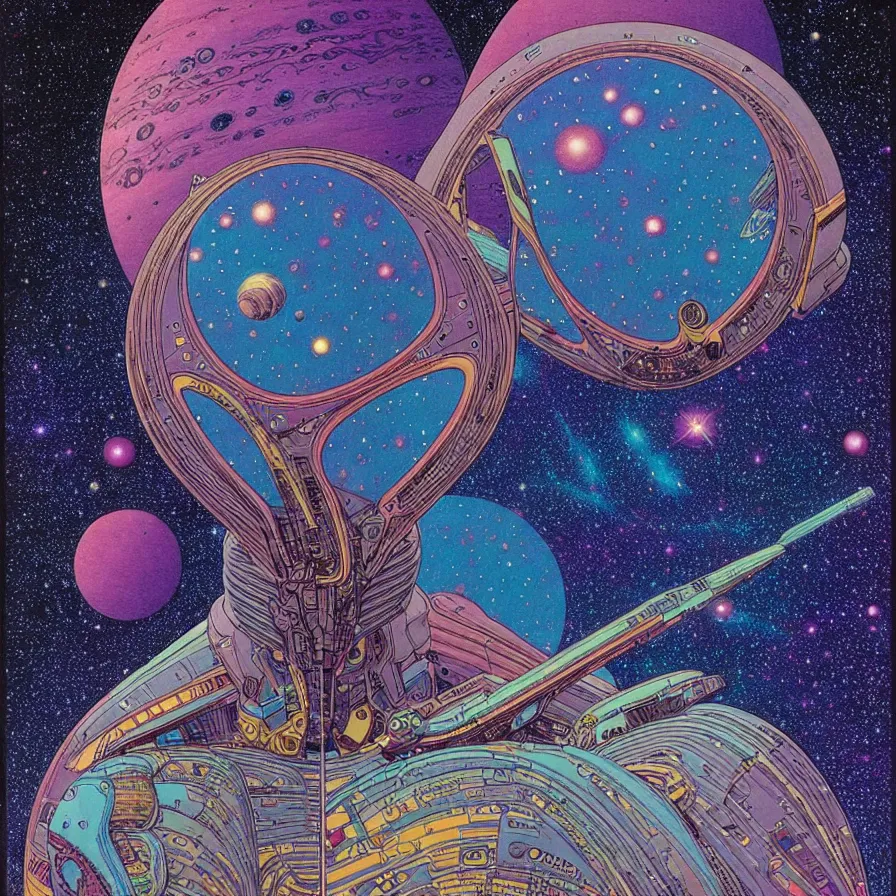 Image similar to ( ( ( ( beautiful edge of the galaxy, with decorative frame design ) ) ) ) by mœbius!!!!!!!!!!!!!!!!!!!!!!!!!!!, overdetailed art, colorful, artistic record jacket design