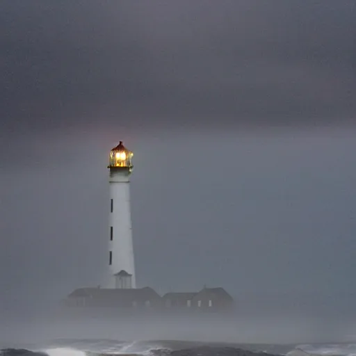Image similar to stormy ocean at midnight, dark storm clouds overhead, lighthouse in the background concealed by fog, hurricane, dark midnight sky