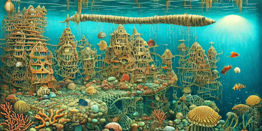 Image similar to underwater city inside!! the seashell, man in the swimming suit walks, seaweed, corals, carps, koi fish, small scandinavian!!! houses, little people!!!, by jacek yerka by levitan, surrealistic painting, masterpiece, oil painting, sharp focus, highly detailed, intricate, smooth, 8 k,