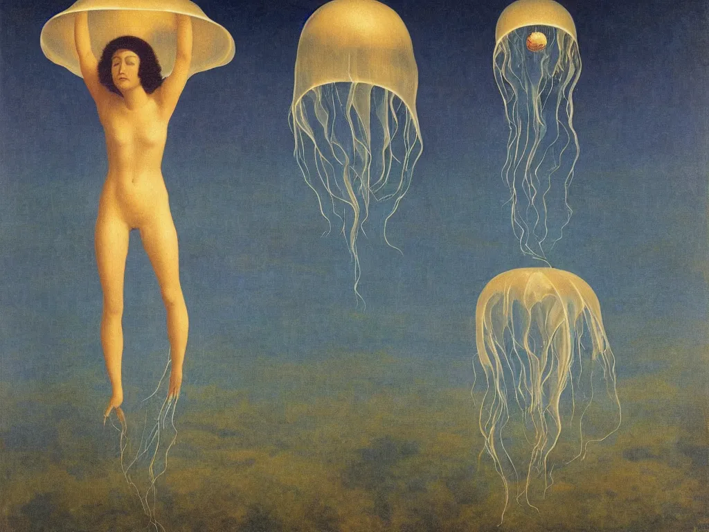 Image similar to Woman inside a jellyfish floating in the sky. Obsidian hills. Rene Magritte, Jean Delville, Max Ernst, Maria Sybilla Merian