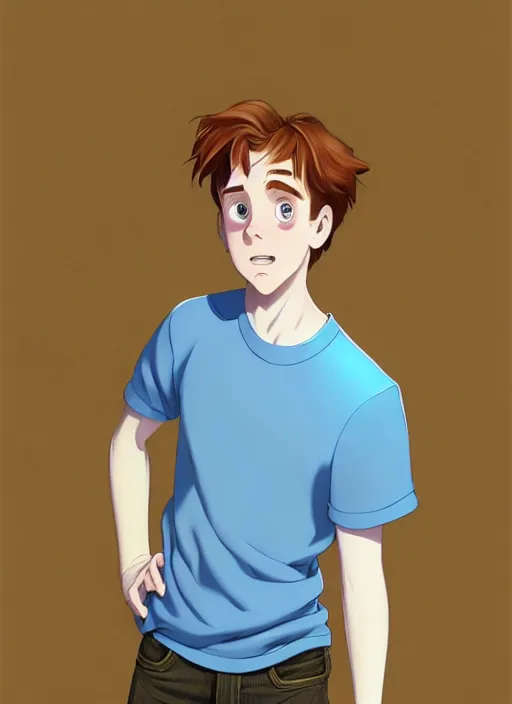 Image similar to portrait of a teen boy with completely straight auburn hair, light blue eyes, pale skin, freckles, sad expression, t - shirt, modern casual clothing, natural lighting, path traced, highly detailed, high quality, cartoon, digital painting, by don bluth and ross tran and studio ghibli