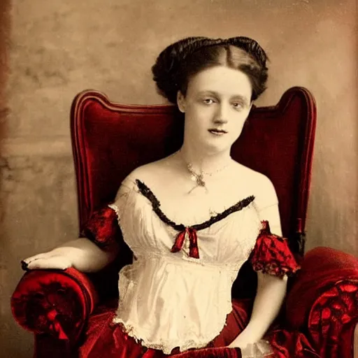 Prompt: beautiful girl without dead in a red coffin, aristocrat, victorian era