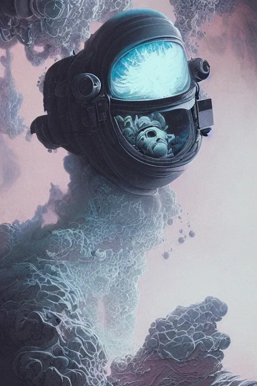 Image similar to close up shot of a full body floating astronaut smoke elemental fading into white smoke, high contrast, james gurney, peter mohrbacher, mike mignola, black paper, mandelbulb fractal, trending on artstation, exquisite detail perfect, large brush strokes, bold blacks and pinks and blues tones, intricate ink illustration, black background