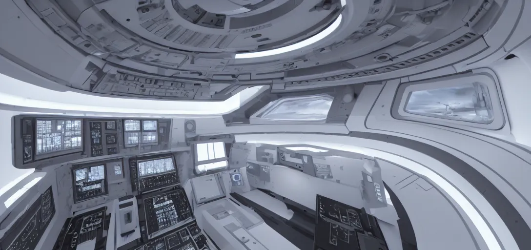 Prompt: flight deck inside a sci-fi spaceship escape pod that is a mind temple for meditation and discovery of secret knowledge. clean white interior, hyperrealism 8k