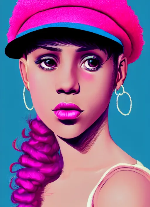 Image similar to portrait of teenage vanessa morgan with bright pink hair, black girl, curly pixie cut hair, wearing newsboy cap, pink short haircut, newsboy cap, hoop earrings, blue eyes, intricate, elegant, glowing lights, highly detailed, digital painting, artstation, concept art, smooth, sharp focus, illustration, art by wlop, mars ravelo and greg rutkowski