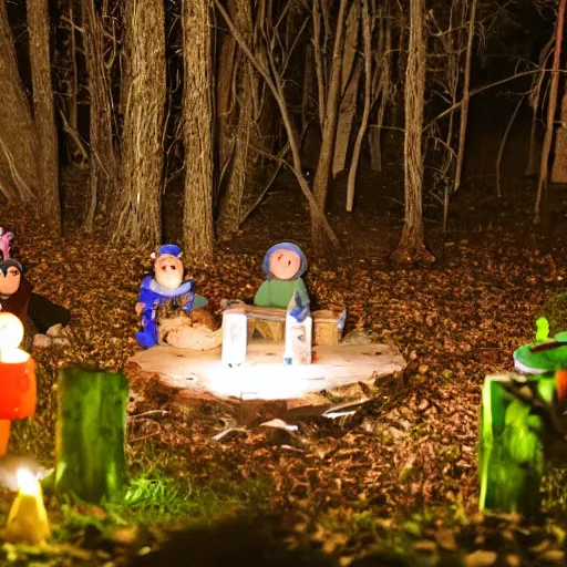 Prompt: photo of toad birthday party in the woods at night