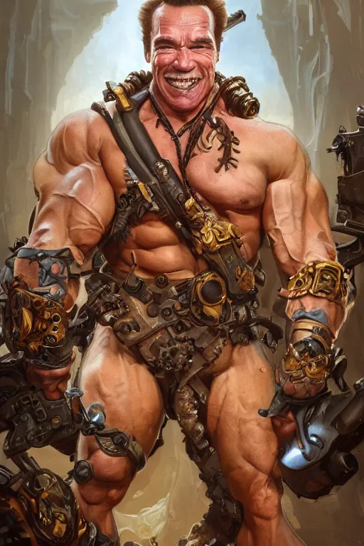 Image similar to portrait of arnold schwarzenegger as junkrat from overwatch, full body, fantasy, intricate, elegant, highly detailed, digital painting, artstation, concept art, sharp focus, illustration, art by artgerm and greg rutkowski and alphonse mucha