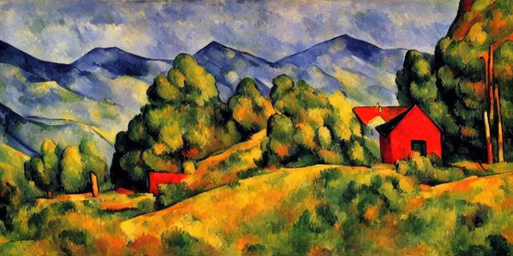 Image similar to stunning painting of landscape with an red cabin on a mountain by paul cezanne