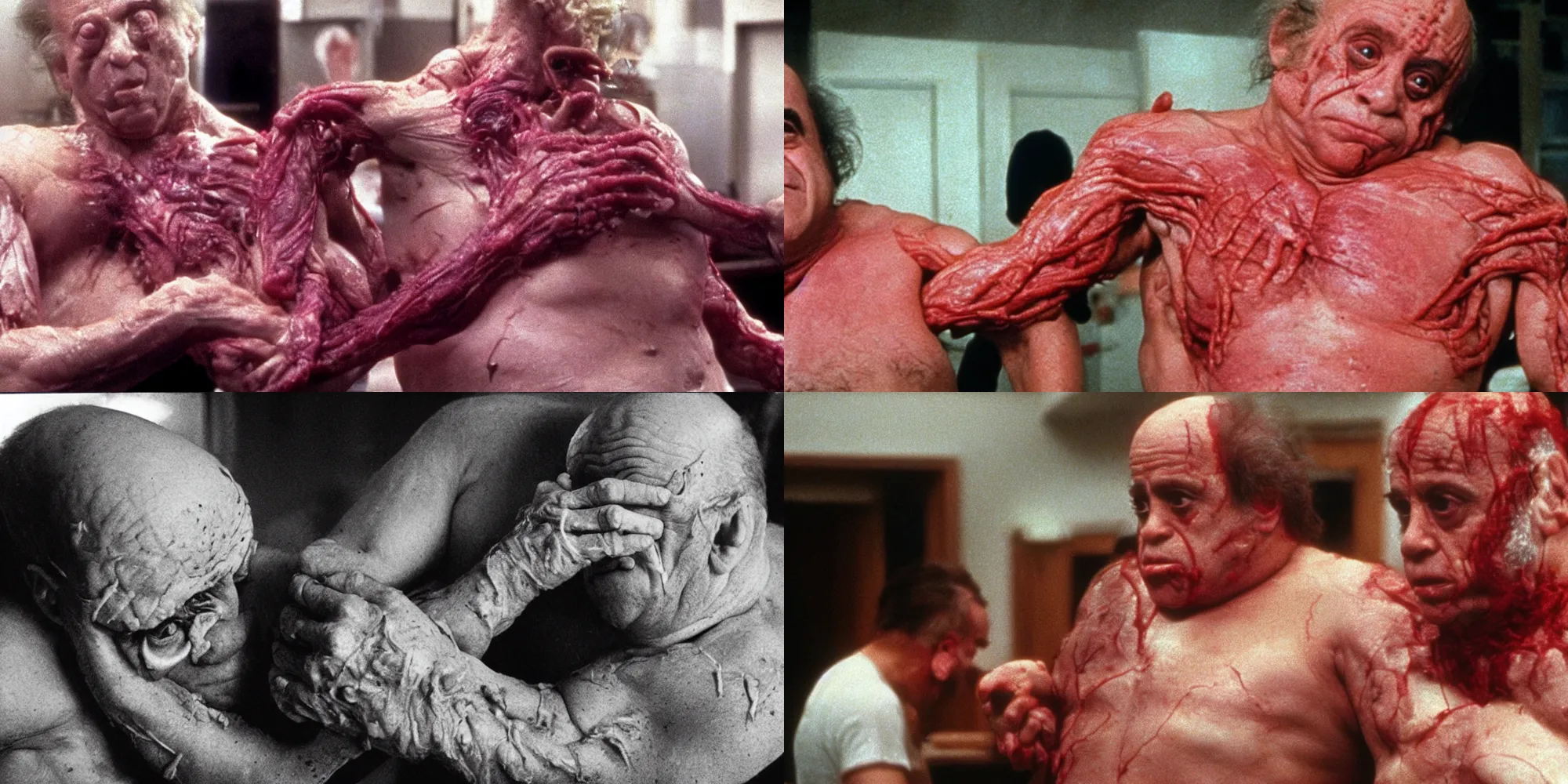 Prompt: danny devito body horror directed by david cronenberg, limb mutations, swollen veins, red flesh strings, cinestill 8 0 0 t, 1 9 8 0 s movie still, film grain