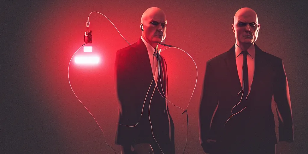 Image similar to agent 4 7 from hitman wearing headphones with wires everywhere listening to music, dark background, red rim light, smooth, sharp focus, art by ali kiani amin